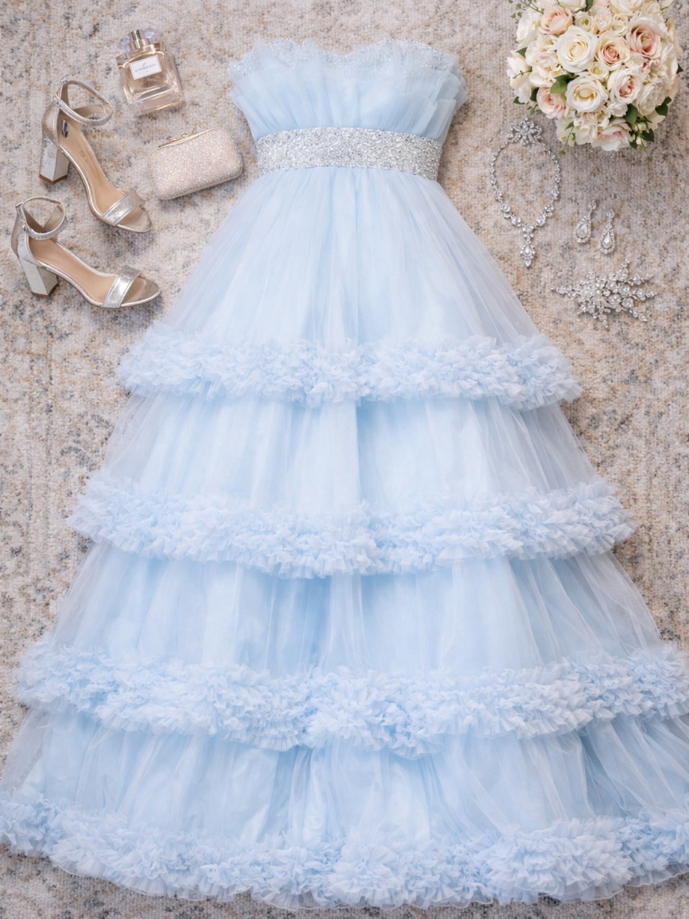 Colors Blue Tiered Tulle Strapless Gown NWT Size 2 Luxurious Formal Dress